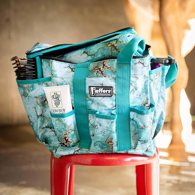Jeffers Expression Deluxe Horse Grooming Tote – Large Zip Top Grooming Bag with Pockets for Brushes, Combs, Hoof Picks, Sprays & Barn Essentials – Durable Ripstop Equine Organizer - Bisbee Blue