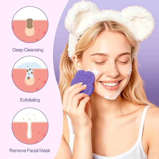 100-Count Facial Sponges Compressed Facial Sponges Natural Facial Cleansing Sponges Pads Cute Flower Shape Exfoliating Sponges for Cleansing Reusable,Best Makeup Gift, Purple