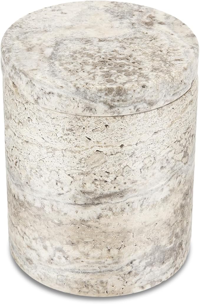 N NANSHOP Natural Marble Canister, Cotton Swab Holder with Lid, High Capacity Bathroom Qtip Holder Storage for Cotton Swab, Floss Picks, Makeup Pad, Bath Salt, Gray Travertine(NS017)