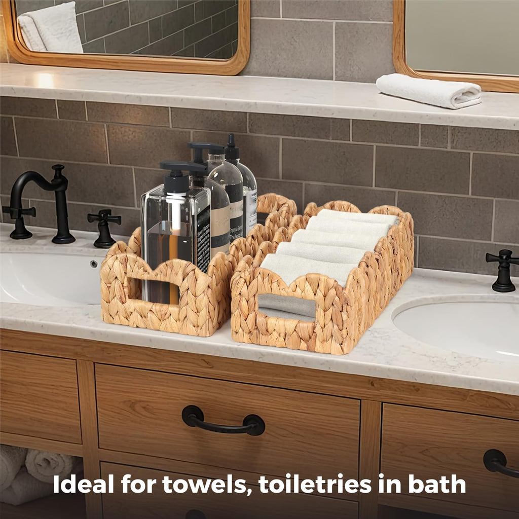 2 Pcs Handwoven Water Hyacinth Scalloped Countertop Storage Basket, Toilet Tank Basket for Bathroom, Scalloped Edge Wicker Rectangle Basket for Toilet Paper Baskets (2, Natural)