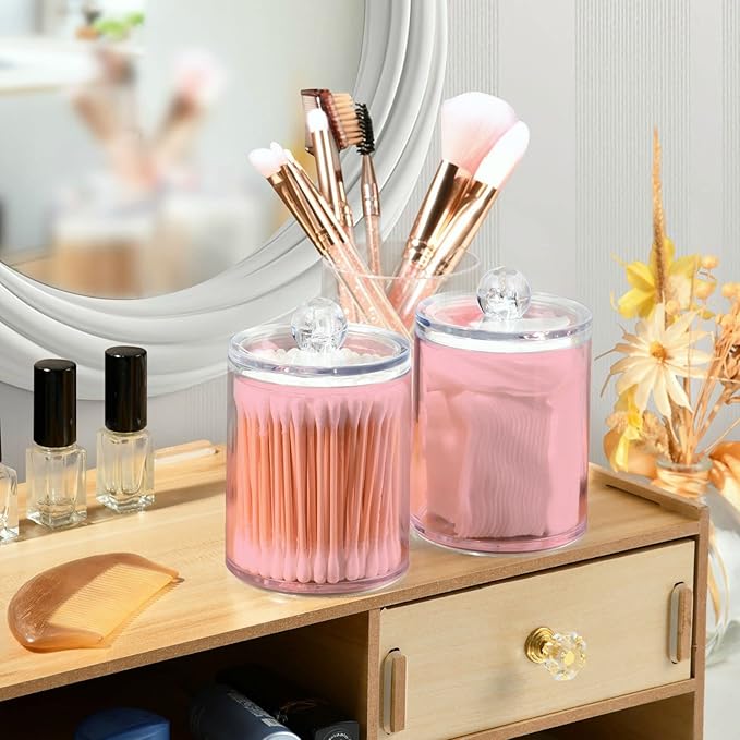 Pink Qtip Holder Organizer Dispenser Cotton Swabs Cans Plastic Jars with Lid Set 2 Pack Bathroom Storage Canister for Cotton Ball Floss Cotton Pads
