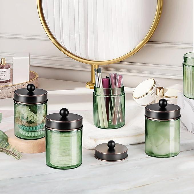 Amolliar Sage Green Apothecary Glass Jar With Metal Lid & Stickers, Bathroom Qtip Holder Storage Canister, Farmhouse Decor for Cotton Balls, Cotton Swabs, Makeup Pads, Bath Salt, Floss, ORB 2 Pack