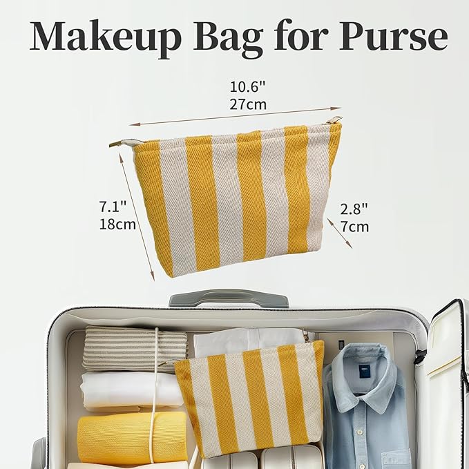 ITGOWISA Yellow Striped Makeup Bag for Women, Travel Makeup Pouch Purse