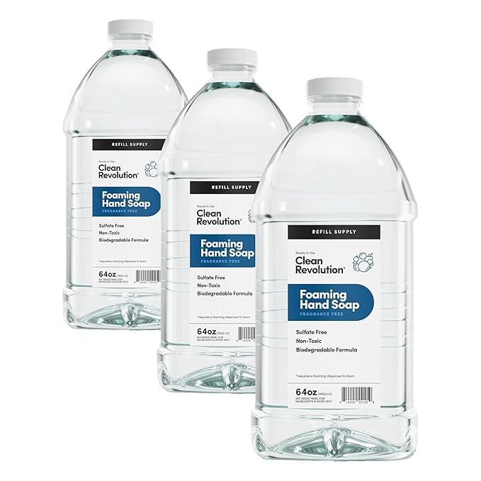 Clean Revolution Foaming Hand Soap Refill Supply Container, Ready to Use Formula, Fragrance Free, 64 Fl Oz (Pack of 3)