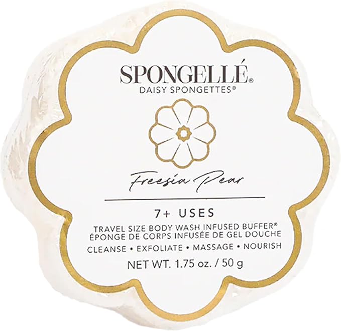Spongellé Freesia Pear Daisy Spongette Bath Sponge | Built-in Body Wash & Body Scrubber, Shower Loofah Sponge for Women, Travel Essentials | 7+ uses