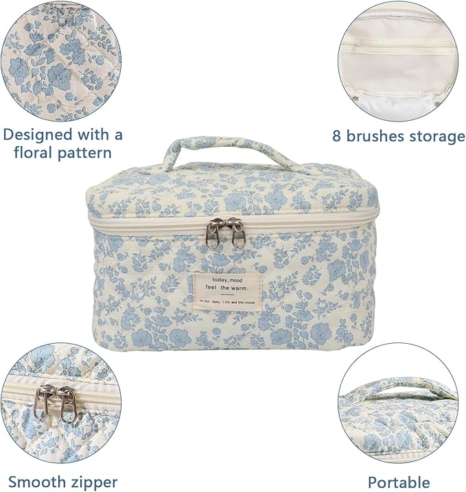 Gosect Floral Quilted Makeup Bag, Large Capacity Travel Cosmetic Organizer Bag with Handle, Portable Toiletry Bag for Women 6.3'' x 6.3'' x 9.84''(Multicolor)