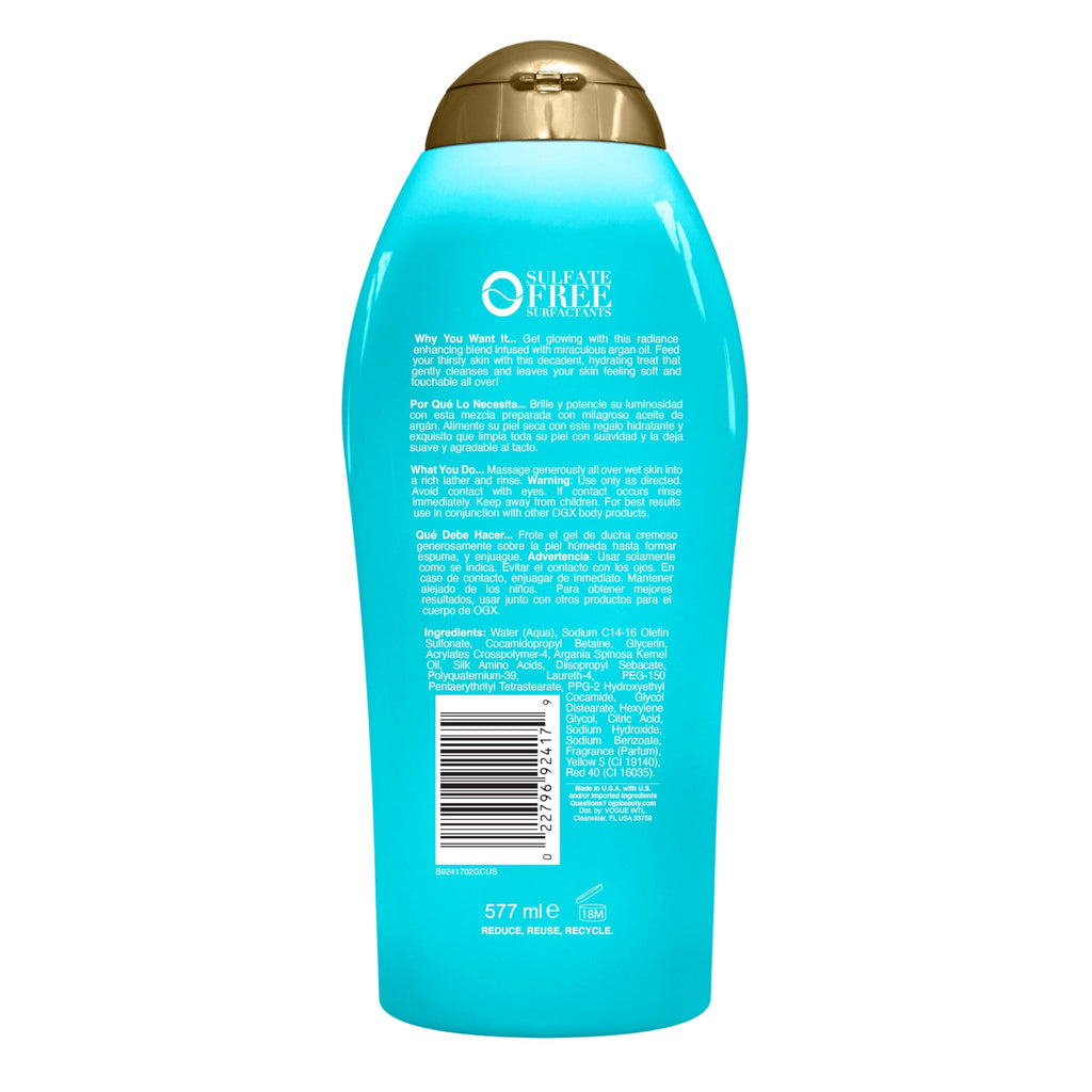 OGX Radiant Glow + Argan Oil of Morocco Extra Hydrating Body Wash for Dry Skin, Moisturizing Gel Cleanser for Silky Soft Skin, Body Wash for Women, Sulfate-Free Surfactants, 19.5 fl oz