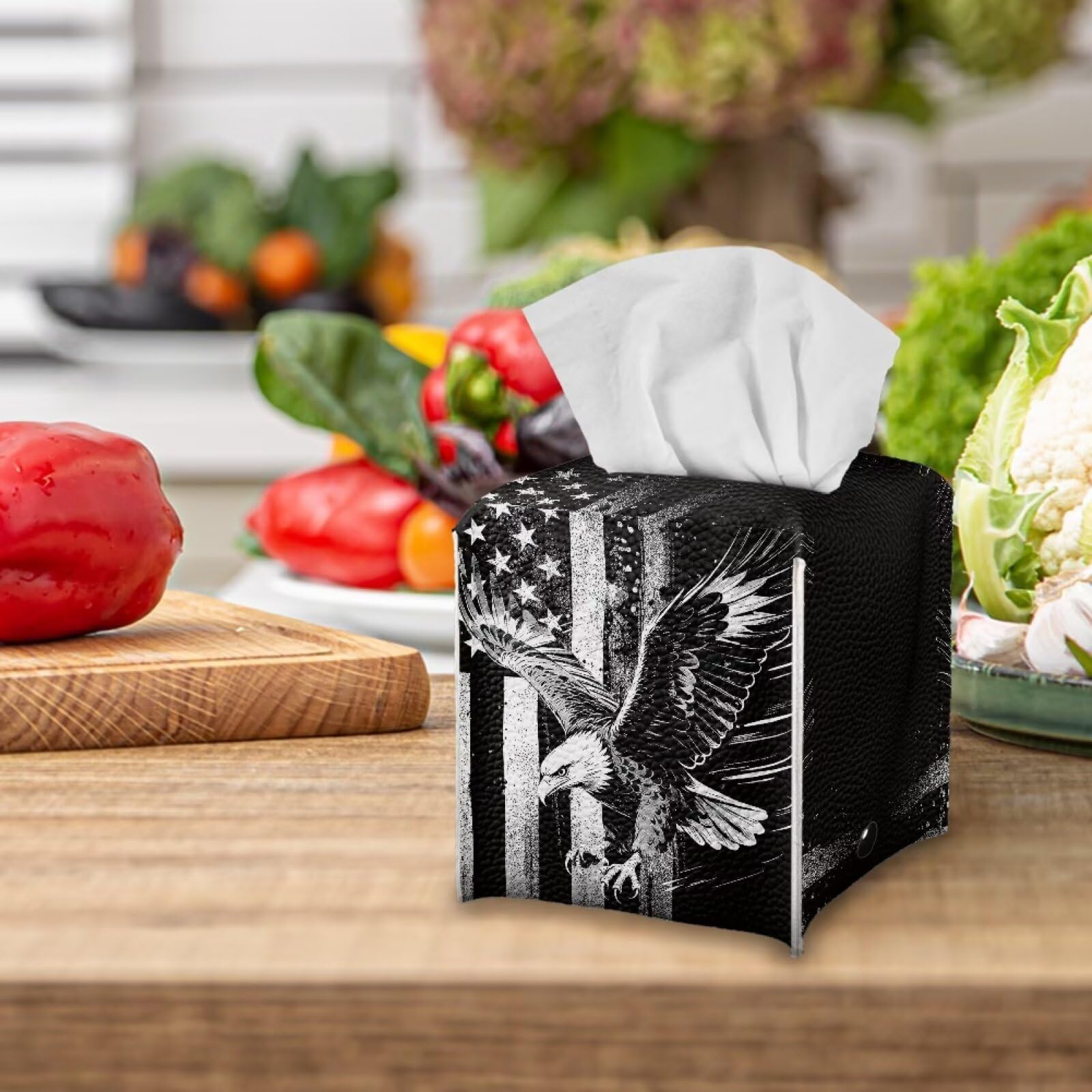 Pzuqiu American Flag Eagle Portable Tissue Box Holder, Lightweight PU Leather Square Tissue Cover with Metal Button, Easy Refill Waterproof Napkin Dispenser for Travel, Car, Office, and Bedroom