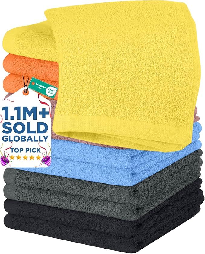 DAN RIVER 12 Pack Wash Cloths for Showering [12x12] - 100% Cotton Washcloths Premium Quality Flannel Face Cloths for Bathroom, Highly Absorbent and Soft Feel Wash Clothes, Assortment 1