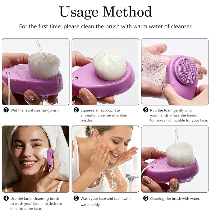 Silicone Face Scrubber Double Side, Handheld Facial Cleansing Brush 2 in 1 Face Cleanser Brush for Deep Cleansing and Exfoliating, Blackhead Makeup Removal 2 Pcs, Purple