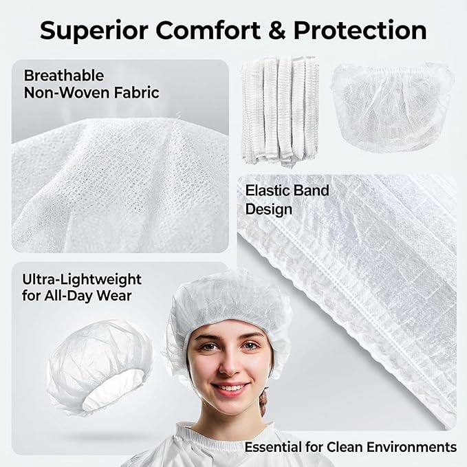 50PCS Disposable Bouffant Caps - 24 Inch Elastic Hair Nets Non-woven Head Covers for Women and Men, Breathable Hair Nets for Food Service Workers, Kitchen, Labs, Beauty Salon, White