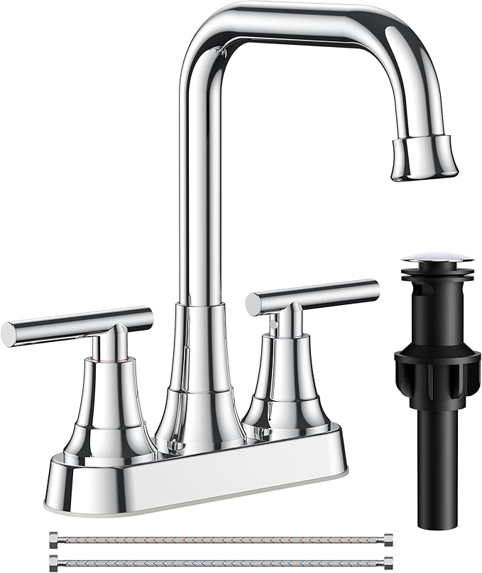 FORIOUS Bathroom Faucets for Sink 3 Hole Chrome, 4 Inch Centerset Bathroom Sink Faucet 2 Handle with Pop-up Drain and Supply Hoses for Vanity RV Laundry Farmhouse
