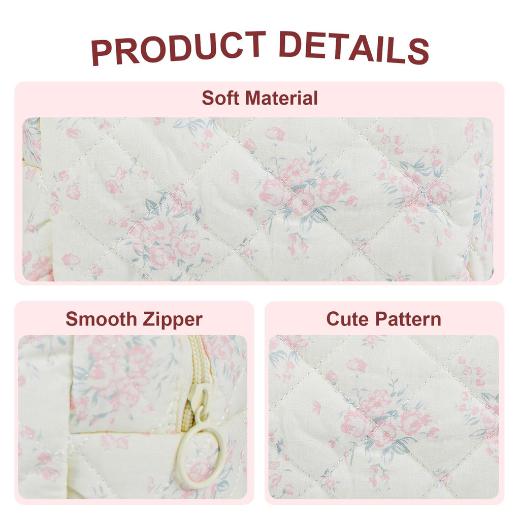 Quilted Makeup Bag Floral Cotton Make up Bag Puffy Coquette Makeup pouch Aesthetic Cute Travel Toiletry Bag for Women Girls