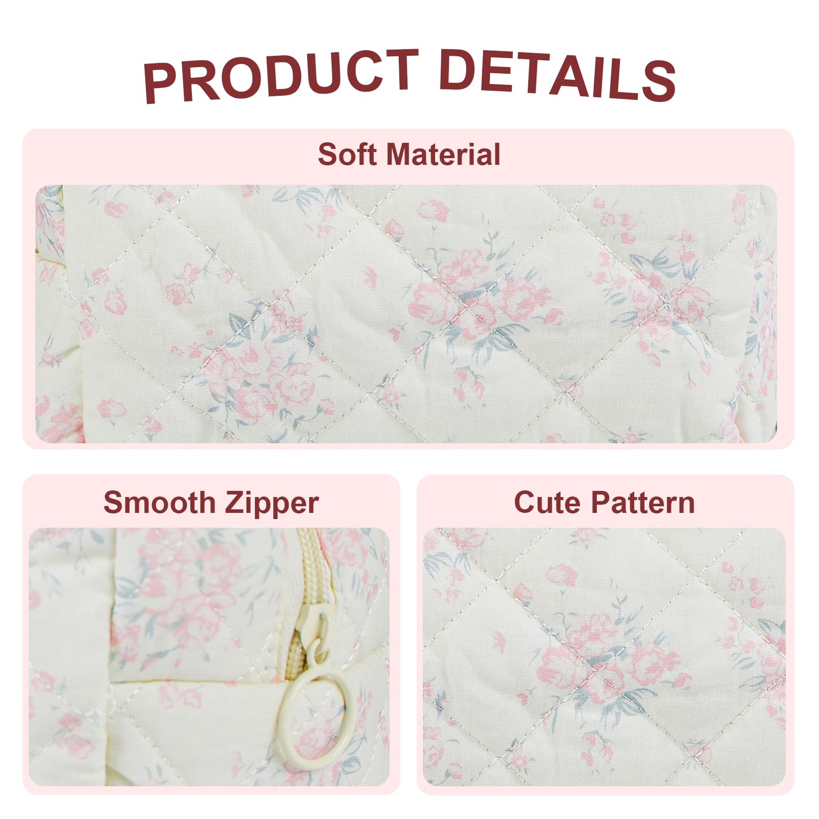 Quilted Makeup Bag Floral Cotton Make up Bag Puffy Coquette Makeup pouch Aesthetic Cute Travel Toiletry Bag for Women Girls