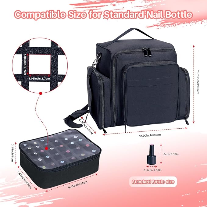 UOZL Nail Polish Organizer Case Hold 90 Bottles with 3 Detachable Bag,Black