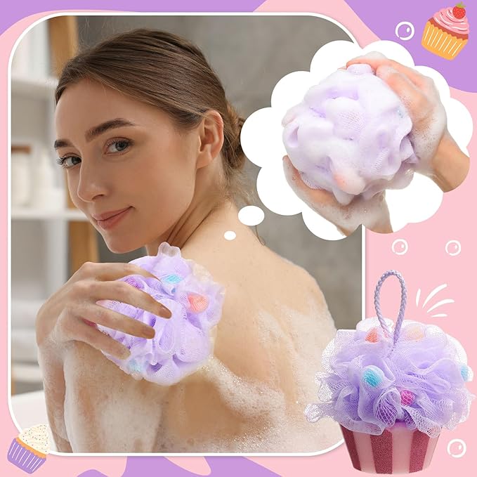 4 Pcs Cupcake Bath Loofah Sponge Cartoon Body Scrubber Loofah Soft Mesh Exfoliating Bath Scrubber Shower Ball for Shower Sponge Gifts Exchange Birthday Party