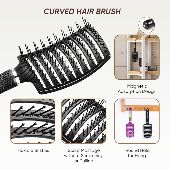 Kertiberif 2 Pack Curved Vented Detangling Brush for Wet and Dry Hair, Paddle Styling Hair Brush for Faster Blow Drying, Detangler Brush for Women Men Curly Thick Hair