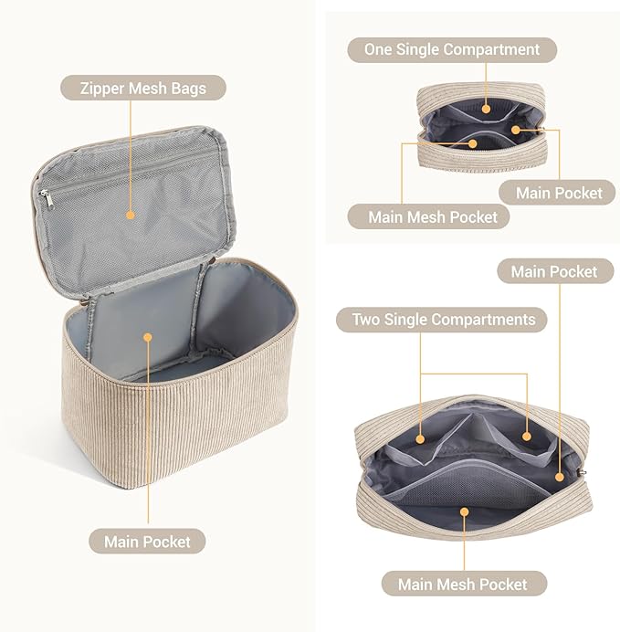 MAGEFY Makeup Bag, 3 Pcs Cosmetics Bag Large Capacity with Handle Make Up Bag for purse Corduroy Bag Pouch for Purse Travel Makeup Organizer Bag-Beige