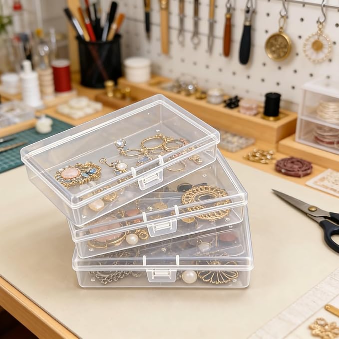12 Pack Rectangular Clear Plastic Storage Containers Box with Hinged Lid for Beads and Other Small Craft Items (5.3 x 3.1 x 1.18 inch)