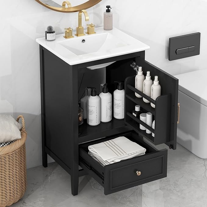 Bellemave 20-inch Bathroom Vanity with Ceramic Sink Combo Set, Solid Wood Frame Bathroom Storage Cabinet with Drawer and Soft Closing Cabinet Door with Storage Rack, Black