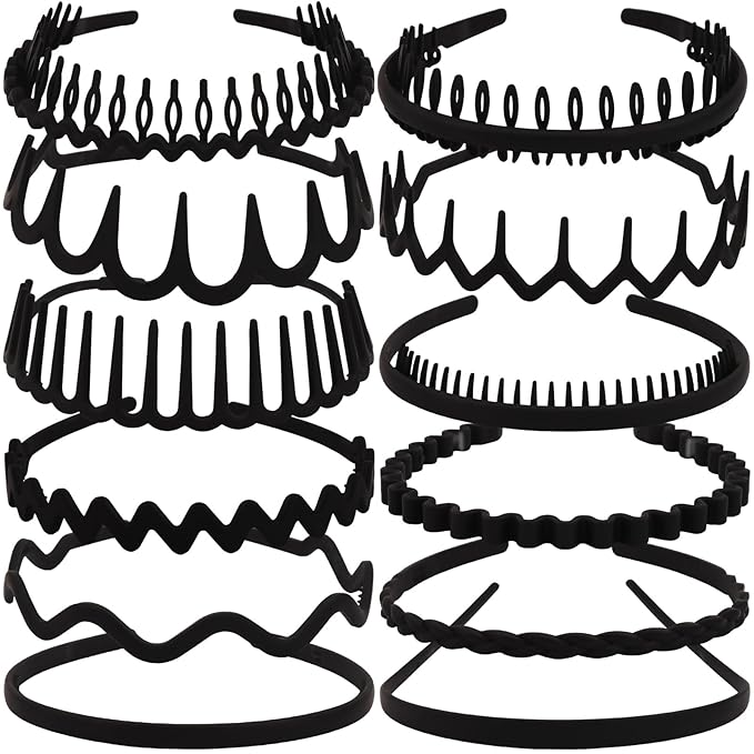 TOBATOBA 12Pcs Black Headbands for Women with Teeth Plastic Head Bands for Women's Hair Non Slip Comb Skinny Zig Zag Headbands Fashion Hair Accessories for Women Men Teen Girls