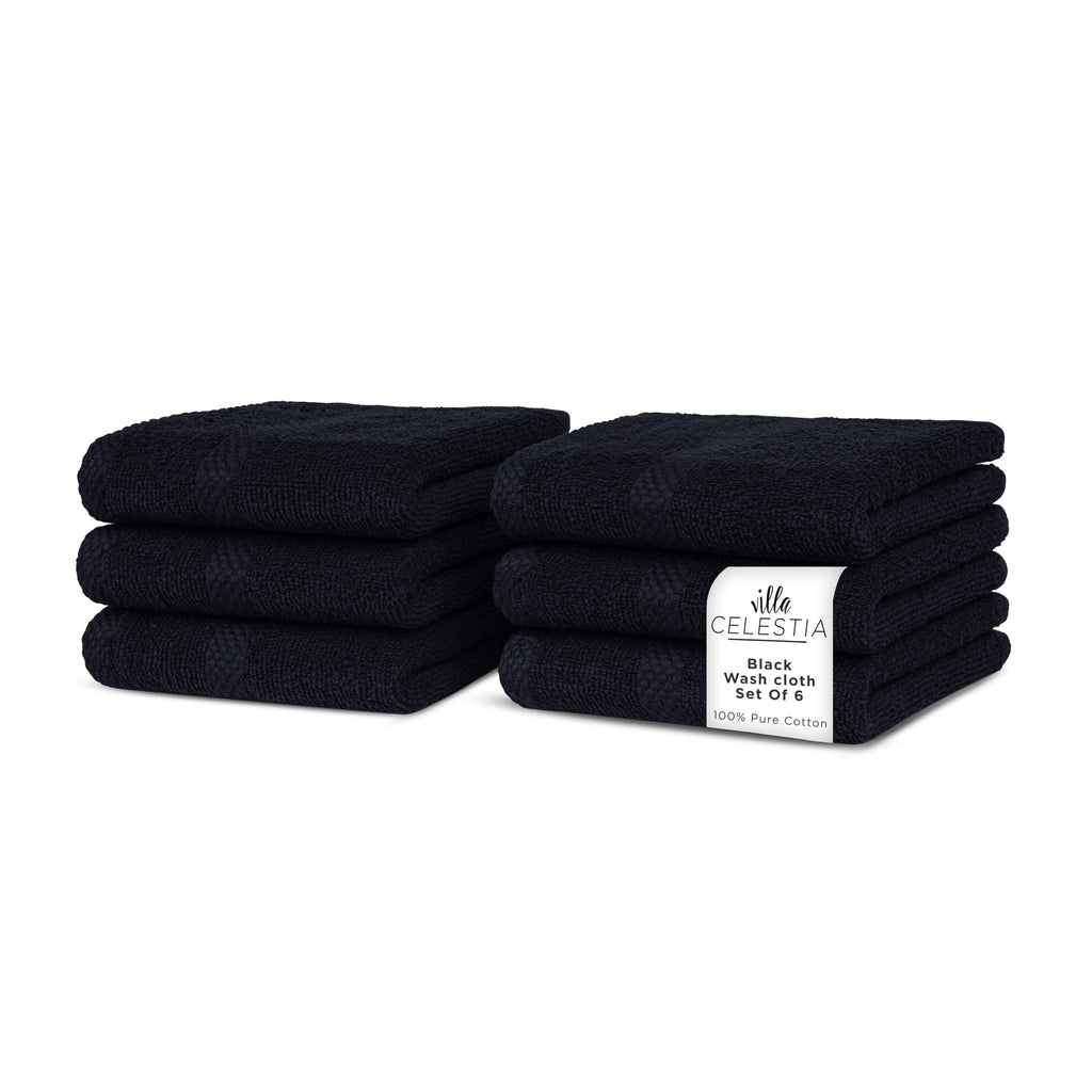 Villa Celestia Cotton Washcloths Set of 6, 12x12 Inch, 100% Ring-Spun Combed Cotton, Soft Absorbent Quick-Dry Wash Cloths for Face and Body, Oeko-TEX Certified, Hotel & Spa Quality, Black