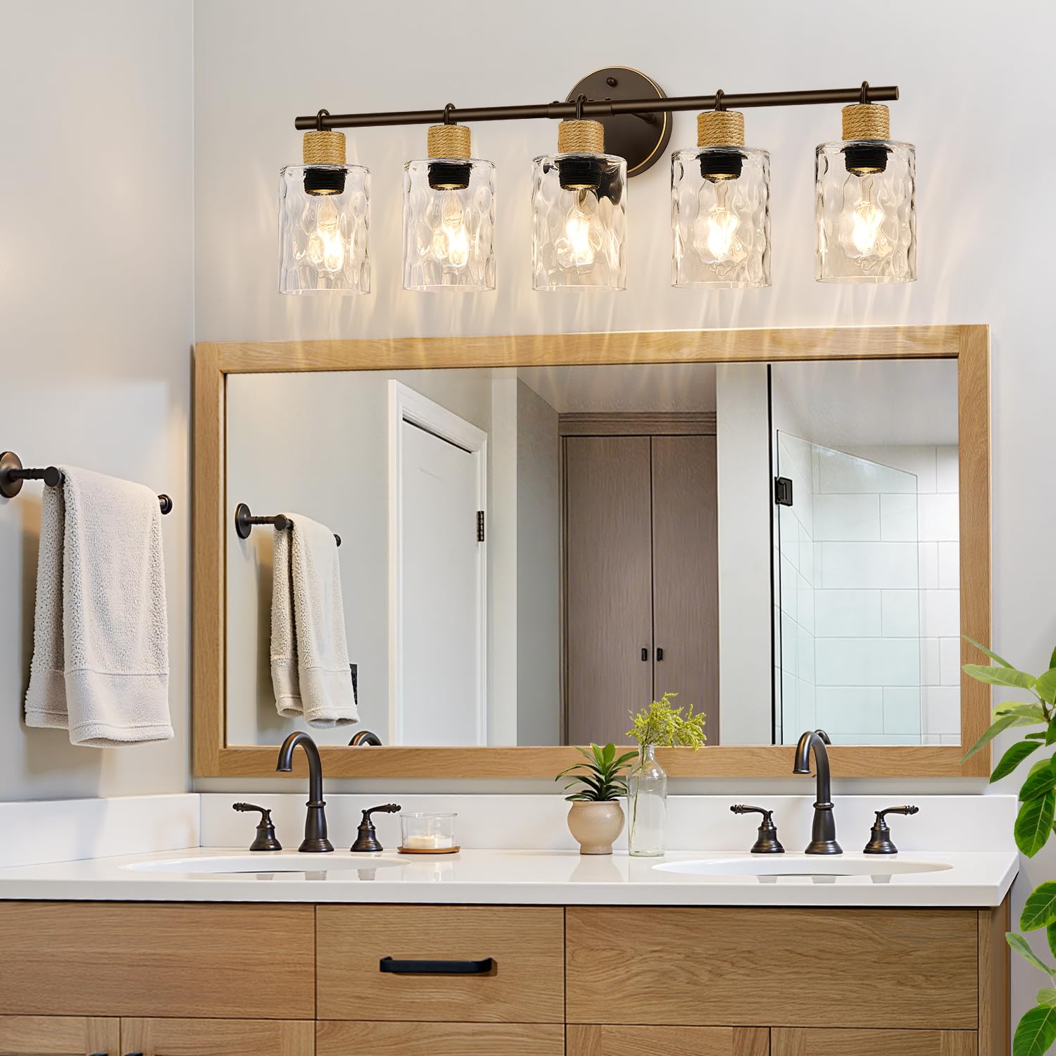 MOKATNG Bathroom Light Fixtures, 5-Light Coastal Vanity Lights with Crystal Glass Shade, Oil-Rubbed Bronze Bathroom Wall Lamp for Mirror Kitchen Hallway Cabinet