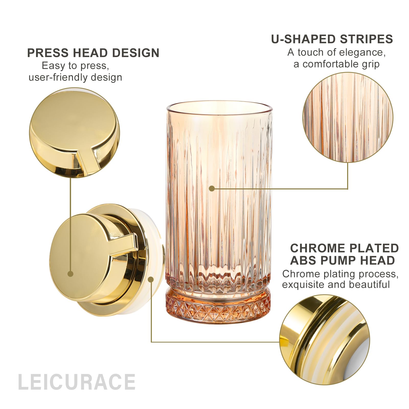 LEICURACE Glass Foam Soap Dispenser, Refillable Faming Dispenser with Gold Pump, Foam Hand Soap Dispenser for Bathroom Kitchen, Home Decor （Foam Type/Gold）