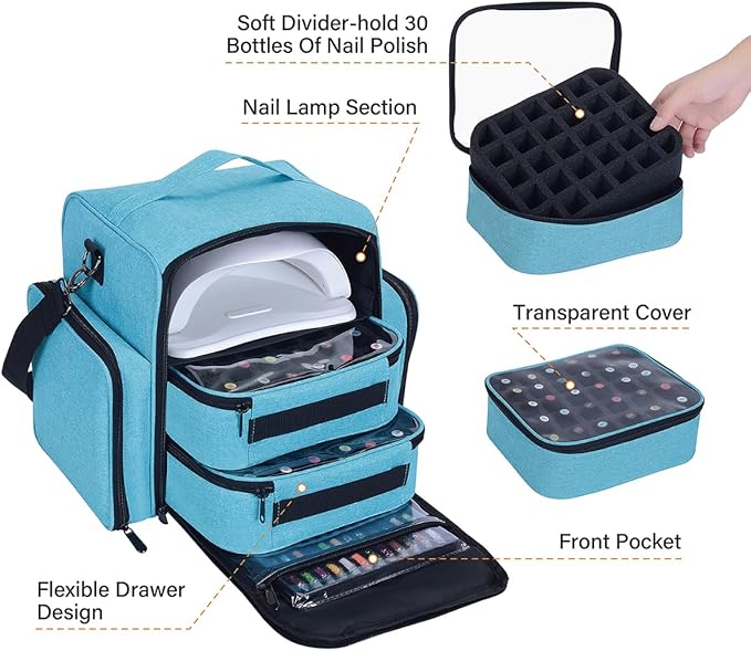 UOZL Nail Polish Organizer Case Hold 60 Bottles with 2 Detachable Bag,Green