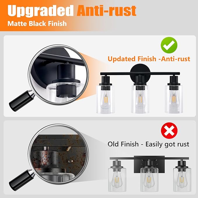DLLT 3-Light Bathroom Light Fixtures: Set of 2 Black Modern Vanity Lights with Clear Glass Shade - 18.51" Bathroom Wall Lamp for Mirror Kitchen Living Room