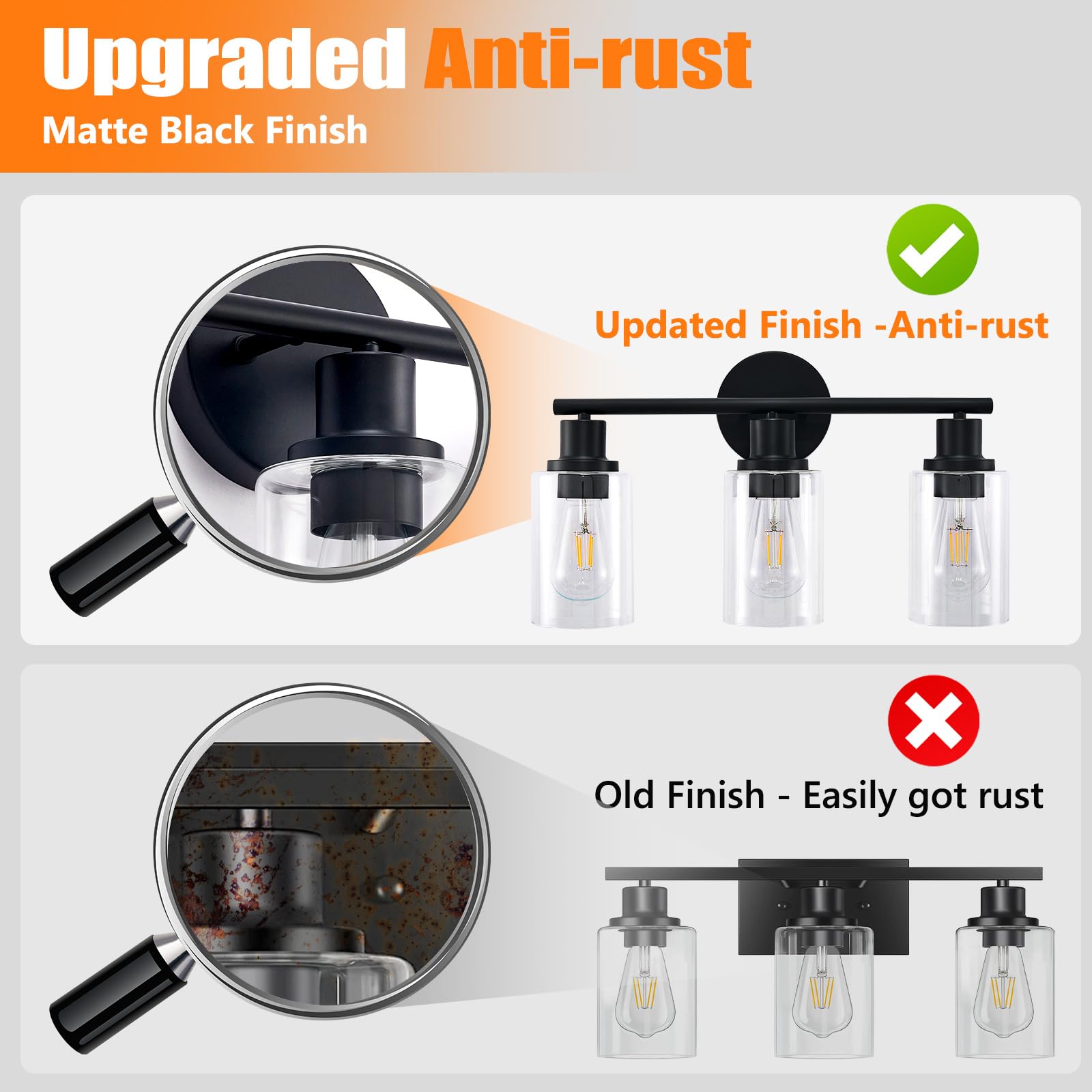 DLLT 3-Light Bathroom Light Fixtures: Set of 2 Black Modern Vanity Lights with Clear Glass Shade - 18.51" Bathroom Wall Lamp for Mirror Kitchen Living Room