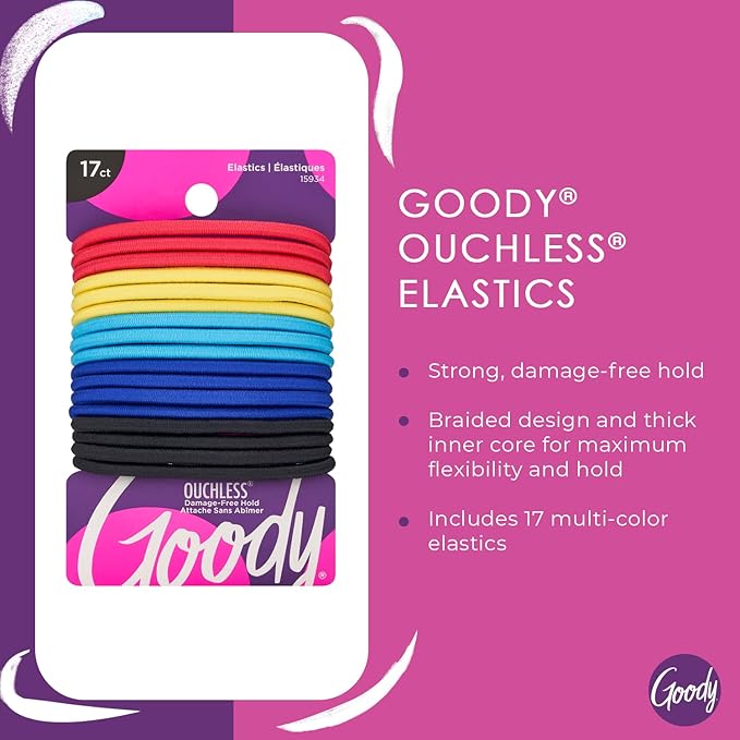 Goody Ouchless Elastic Hair Tie - 17 Count, Assorted Colors - 4MM for Medium Hair - Pain-Free Hair Accessories for Men, Women, Boys, and Girls - Perfect for Long Lasting Braids, Ponytails, and More