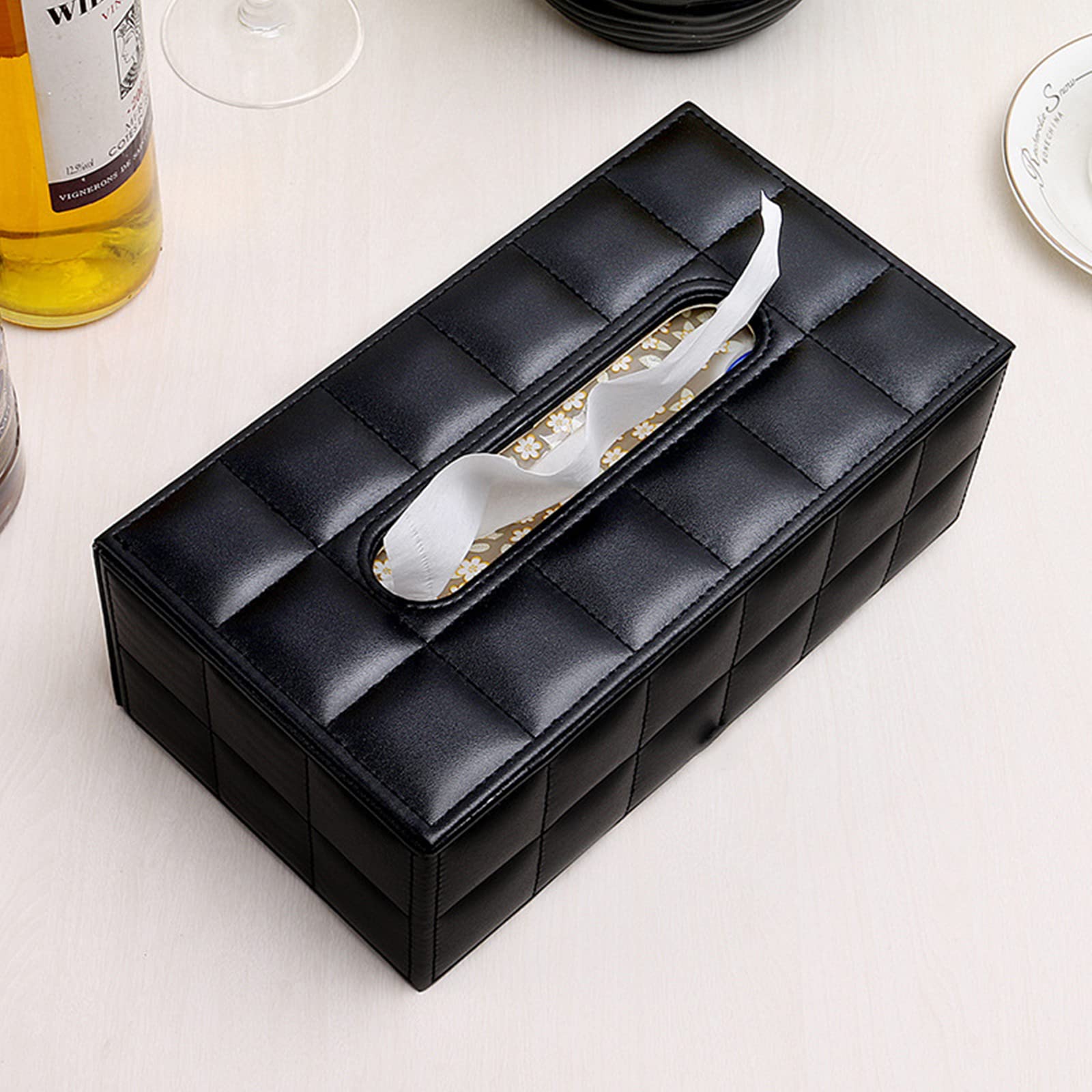 High-end Fashion PU Leather Tissue Box Holder Business Black, Rectangular Napkin Holder Drawer Paper Dispenser, Home Office Car Tissue Holder with Magnetic Bottom (Black Checkered)