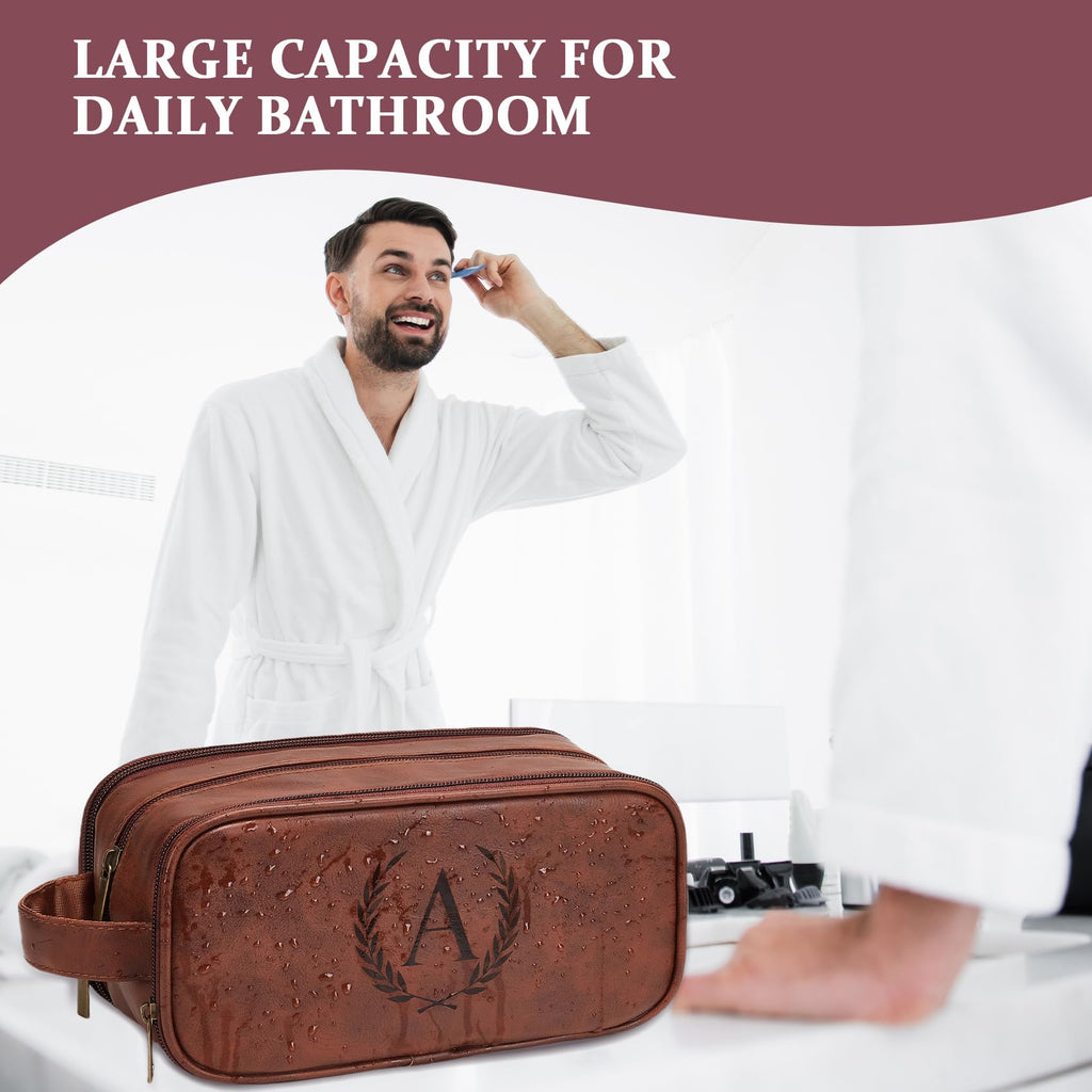 Travel Toiletry Bag For Mens PU Leather Engraved Initials (Red Brown Z)