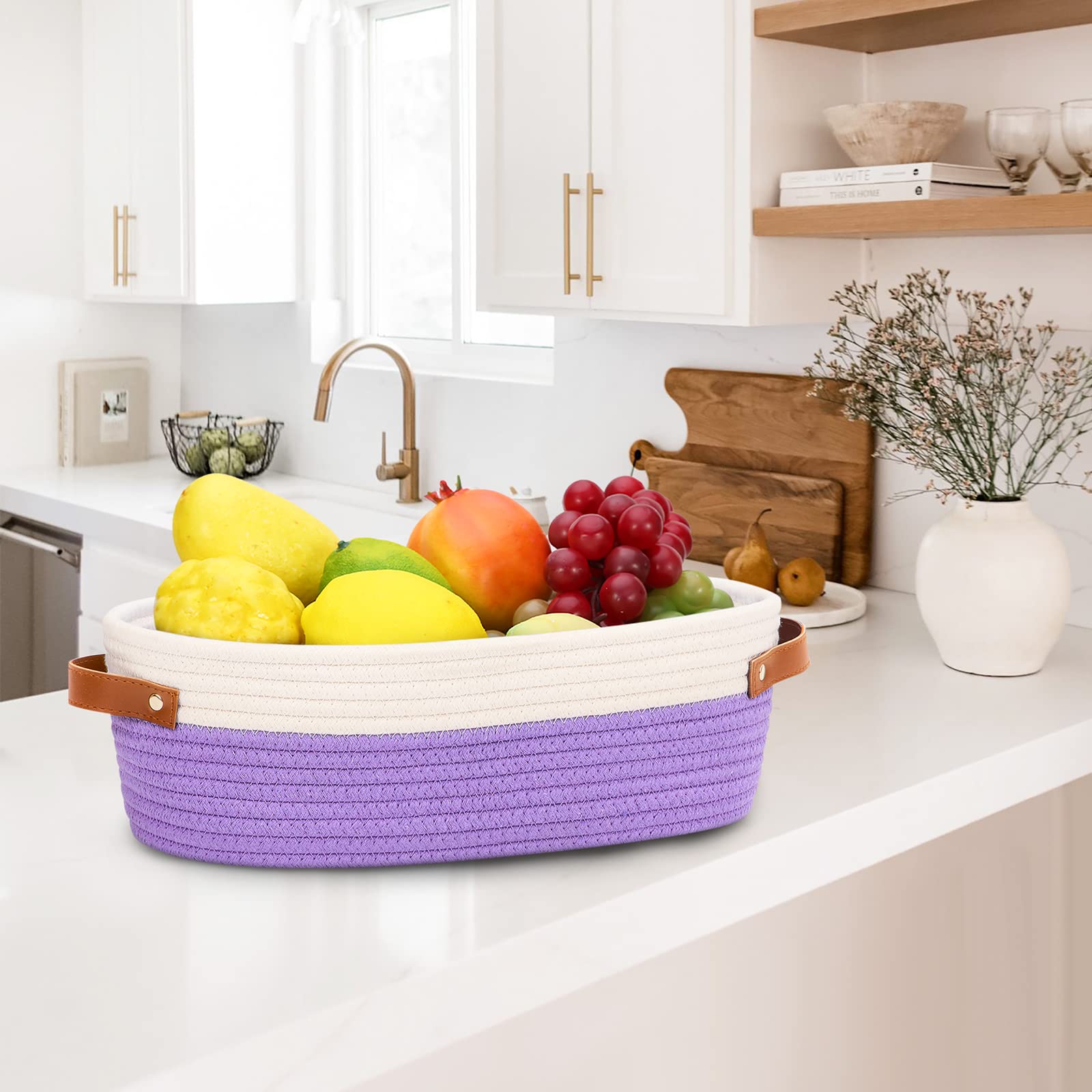 HLWDFLZ Bathroom Countertop Organizer Basket, Cotton Rope Woven Storage Basket Toilet Paper Decorative Basket for Bathroom, Bedroom, Living Room, Entryway 13"x6.3"x4.3" (Off White/Purple)