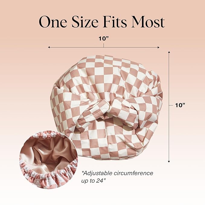 Kitsch Luxury Satin-Lined Flexi Shower Cap for Women - Terracotta Checker