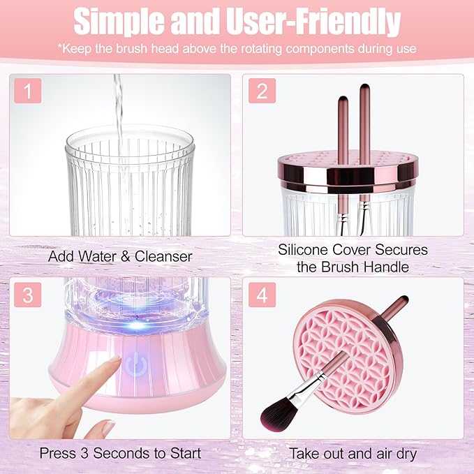 Electric Makeup Brush Cleaner Machine, USB Powered Automatic Spinning Makeup Brush Cleaner with 2 Cleaning Modes, Portable Brush Cleaner for Deep Cleaning Cosmetic Brushes, Pink