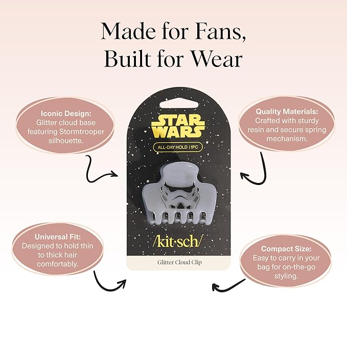Kitsch x Star Wars Stormtrooper Glitter Medium Hair Clip for Women – Iconic Galaxy-Inspired Claw Clip | Recycled Plastic, Strong Secure Grip | Hair Accessories for Girls