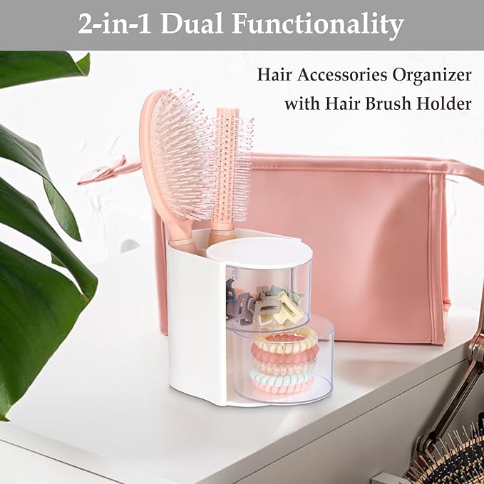 GUSHBIN Hair Accessories Organizer with Hair Brush Holder Rotating Makeup Storage Container Plastic Desktop Storage Organizer for Hair Clip Tie, 2-Layer White