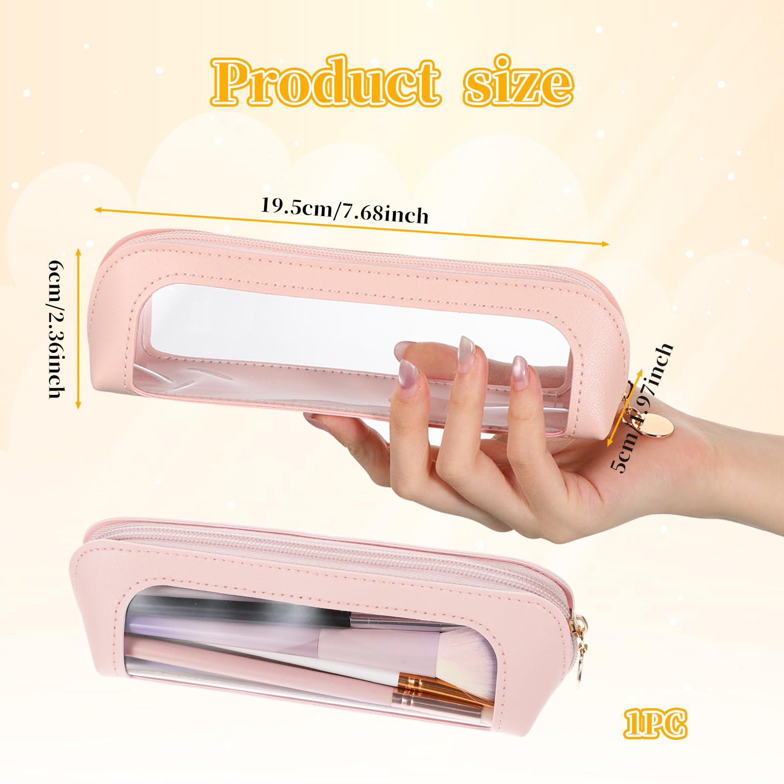 Lusofie Small Clear Makeup Bag, PU Leather Makeup Brush Bag, Portable Clear Make-Up Brush Pouch with Zipper, Multi-use Cosmetic Organizer Bags for Women (Pink)