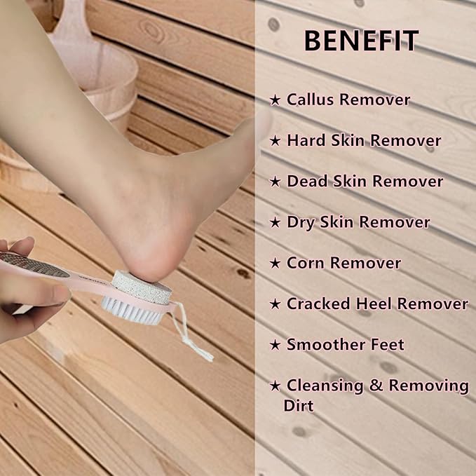 YIOYOODA Foot File Callus Remover 5-in-1, 2 Pcs Feet Scraper Pedicure Tools with Pumice Stone, Scrubber Brush, Stainless Steel Foot Rasp and Sand Paper Debris Catcher, Multi Purpose, Pink Cyan