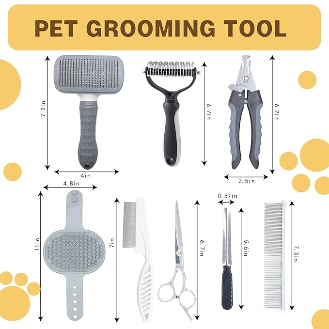 Pet Grooming Tools Kit for Dogs and Cats,8-in-One Home Pet Grooming Set,Includes Safety Scissors Set,Hair Removal Brush, Nail Clipper and File for Small Medium Large Dogs and Cats