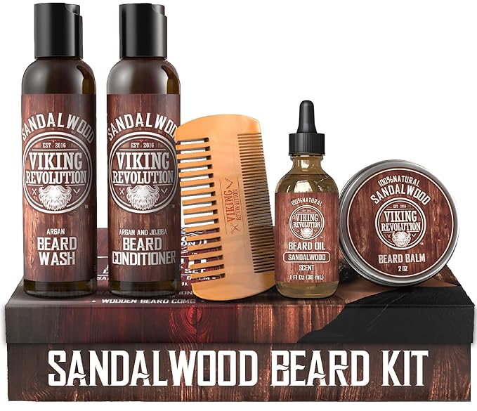Viking Revolution Ultimate Conditioner for Men's Beard Grooming - Softens, Smoothes and Soothes Beard Itch- Contains Wash, Conditioner, Oil, Balm and Comb- Sandalwood Scent