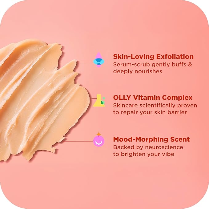 OLLY Bright Body Scrub with Ginseng, Caffeine & Vitamin C– Nourishing Cleanser for Skin Exfoliation, SkinBarrier Repair, Citrus Currant Scent, 6 oz