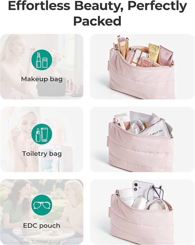 BAGSMART Small Makeup Bag, Puffy Portable Cosmetic Pouch with Charm Zipper, Water-Resistant Travel Organizer for Women (Nude Pink, Small)