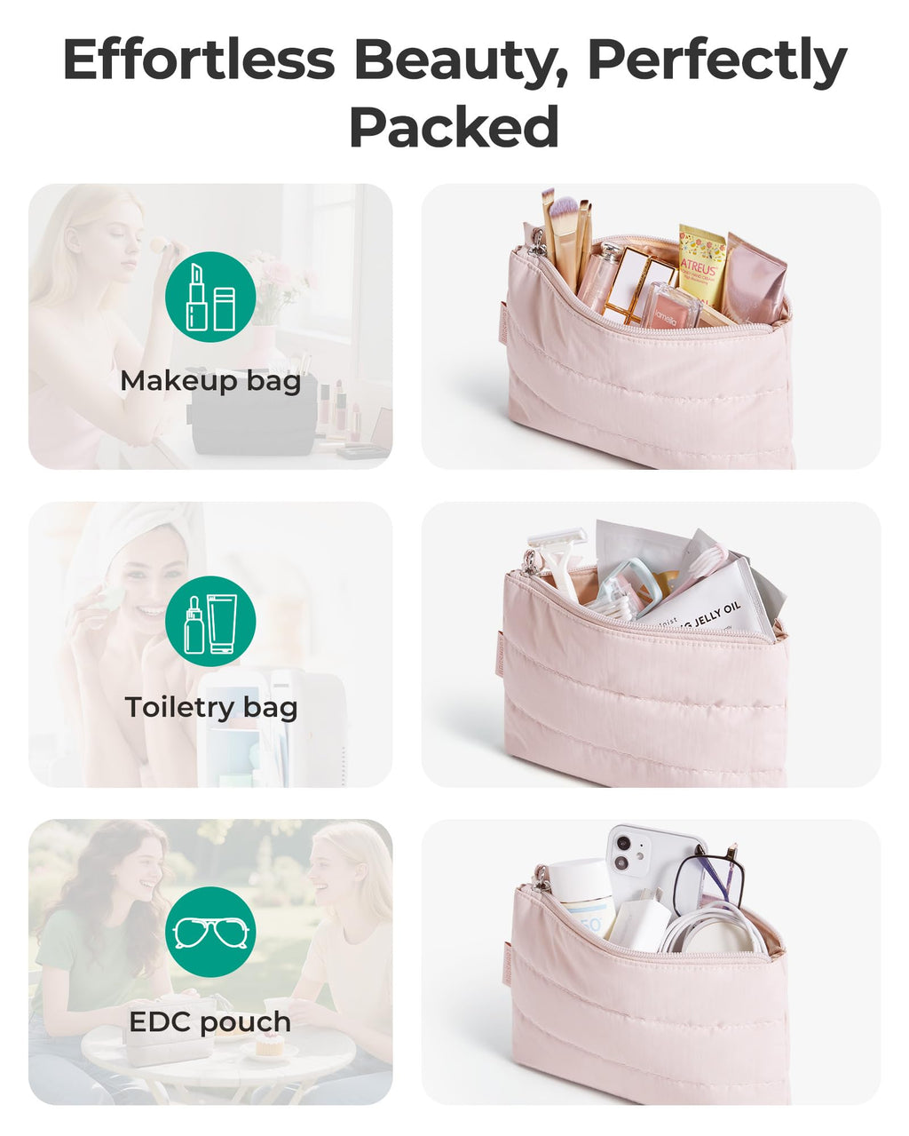 BAGSMART Small Makeup Bag, Machine Washable Puffy Cosmetic Pouch, Pink