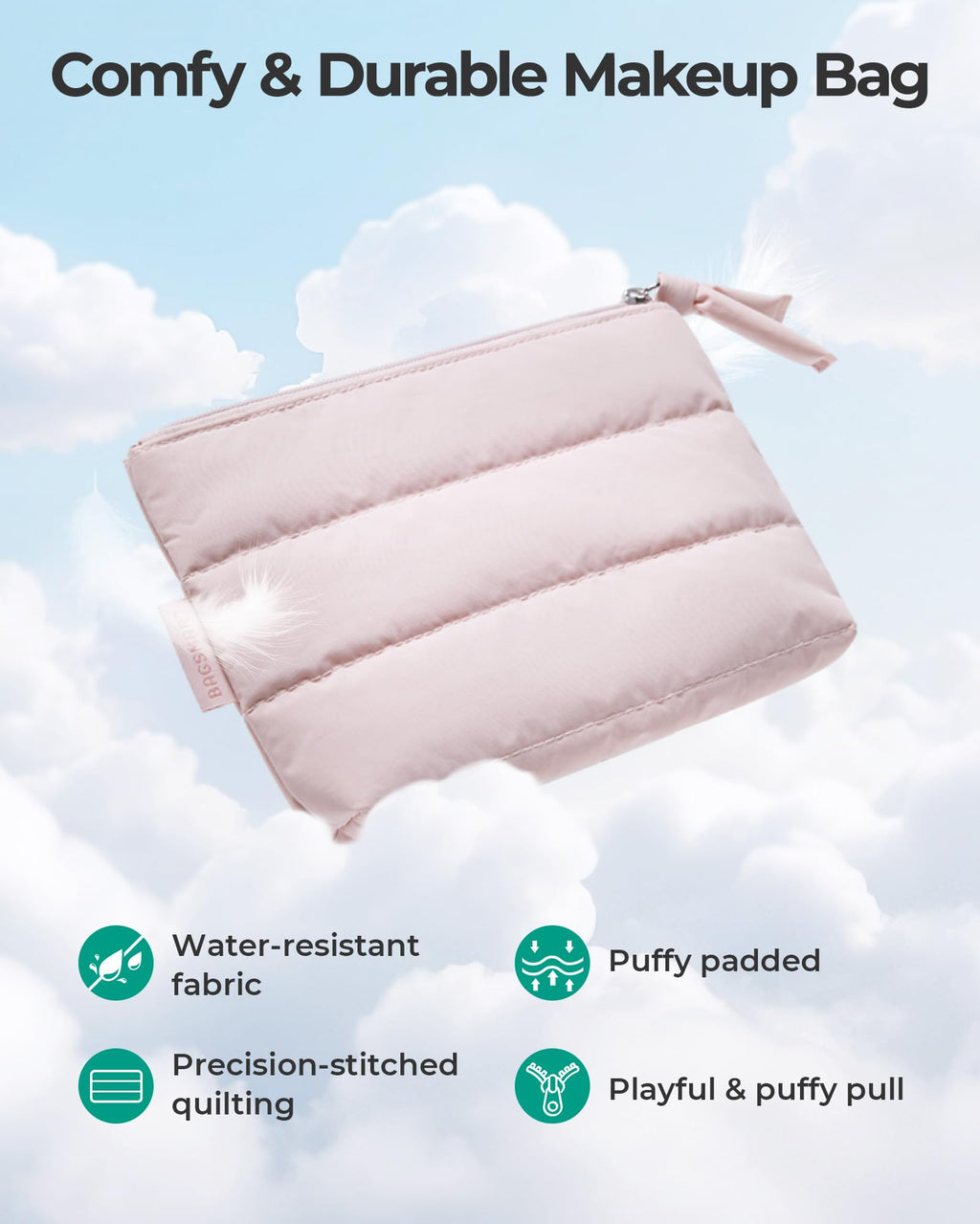 BAGSMART Small Makeup Bag, Machine Washable Puffy Cosmetic Pouch, Pink