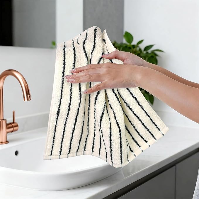 Jacquotha Striped Cotton Washcloths 4 Pack, 13” x 13” - Soft Wash Cloths for Bathroom, Kitchen, Gym, Face, Black and Cream