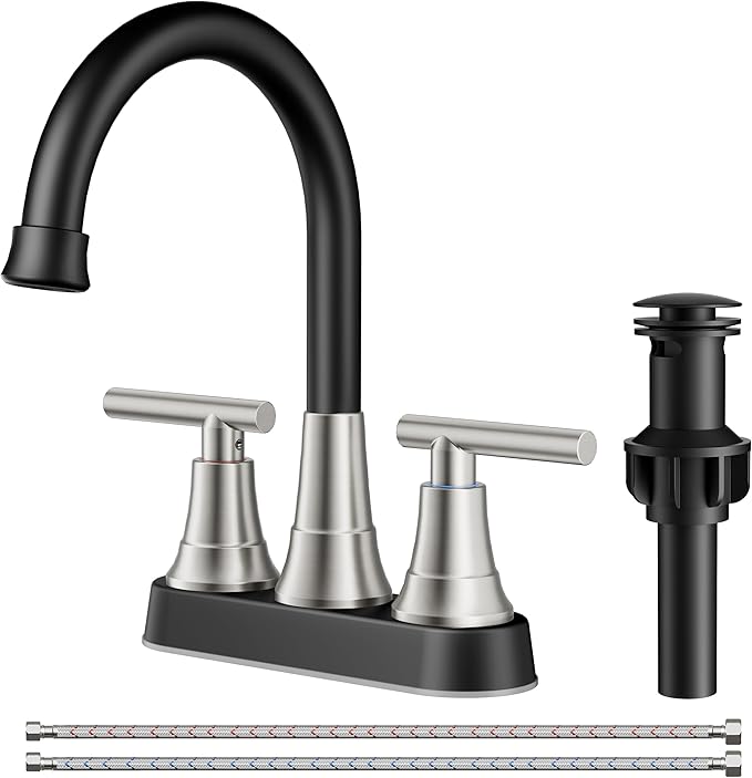 FORIOUS Black and Brushed Nickel Bathroom Faucets, 4 Inch Centerset Bathroom Sink Faucet 2 or 3 Hole with Pop up Drain and cUPC Hose, Two Handles Control, 360° spout for Restroom,Vanity, Rv