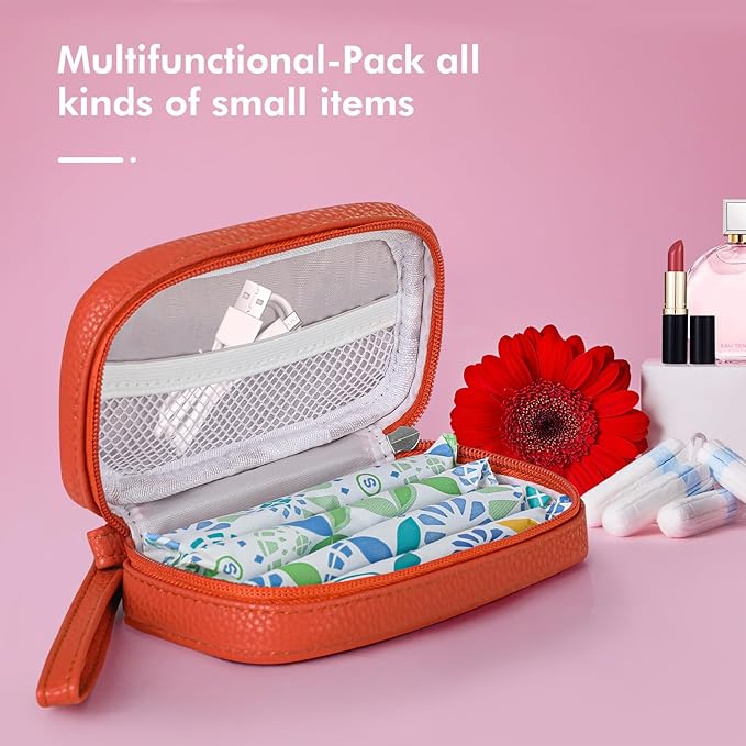 Teircno Portable Tampon Organizer - Beige PU Pouch with Handle & Zipper for Women's Period Bags